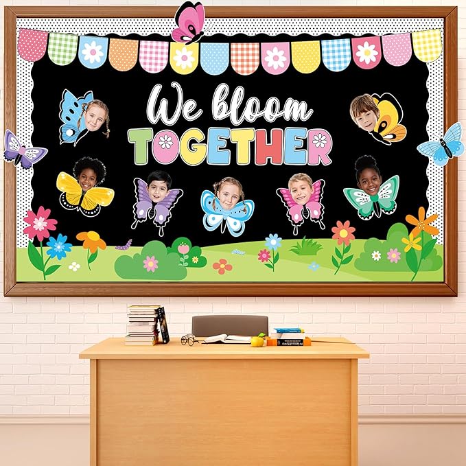 76PCS Spring Classroom Bulletin Board Decorations Set We Bloom Together Butterfly Flower Cutouts with DIY Photo Craft Spring Summer Floral Boarders for School Church Chalkboard Wall Decor Office Home