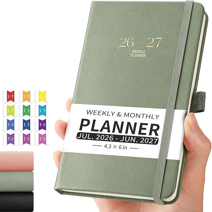 EMSHOI Pocket Calendar 2026-2027, Small Mini Academic Planner Weekly and Monthly, July 2026-June 2027, School Student Teacher Agenda, Leather Hardcover, 100GSM Paper, Tabs, A6 4.3"x6", Light Green