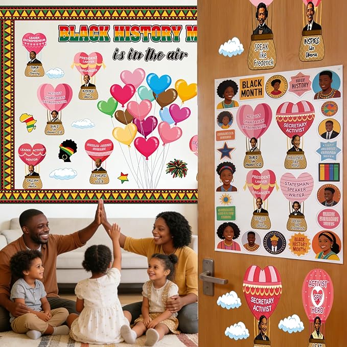 Black History Month Bulletin Board Decoration Set Valentine's Day Classroom Decorations February African American Cutouts February Heart Craft Cutouts for Teacher School Door Wall Decor Supplies