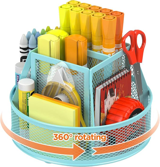 Docnest 360° Rotating Pen Holder,Heavy-Duty Metal Mesh Desk Organizer with 6 Compartments for Pencils,Scissors & Markers –Space Saving Office Supply for Teachers, Students & Home Desk-Blue