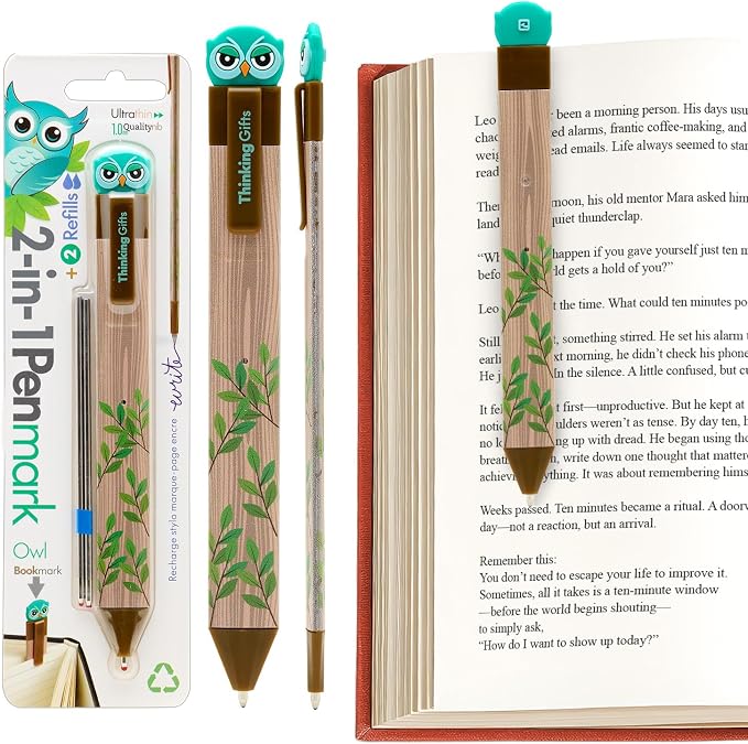 Gifts for Readers & Writers Pen Bookmark, Page Marker & Flat Writing Pen for Journal Notebook & Planner, Penmark Reading Accessory for Making Book Annotations, Owl