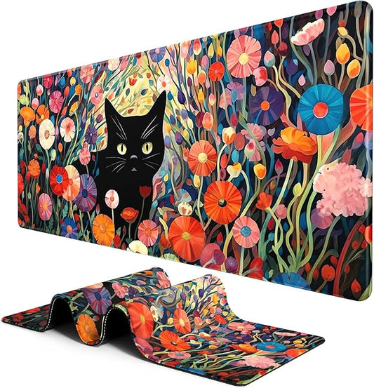 BOSOBO Extra Large Mouse Pad for Gaming and Office, XXL XL Desktop Full Cover Mat, 31.5 x 11.8 Inches, Pink Orange Flowers and Cat