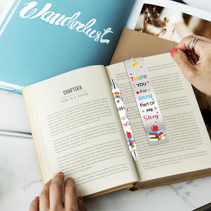 Teacher Bookmark and Pen Gift Set, Thank You Teacher Gifts Metal Book Mark with Charm, Appreciation Christmas Birthday Gifts for Teachers School Office Supplies
