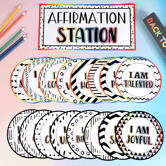 Affirmation Station Bulletin Board Set Composition Positive Bulletin Board for Classroom Growth Mindset Decor Polka Dots and Stripes Inspirational Motivational Accent Cutout for Home School Teacher