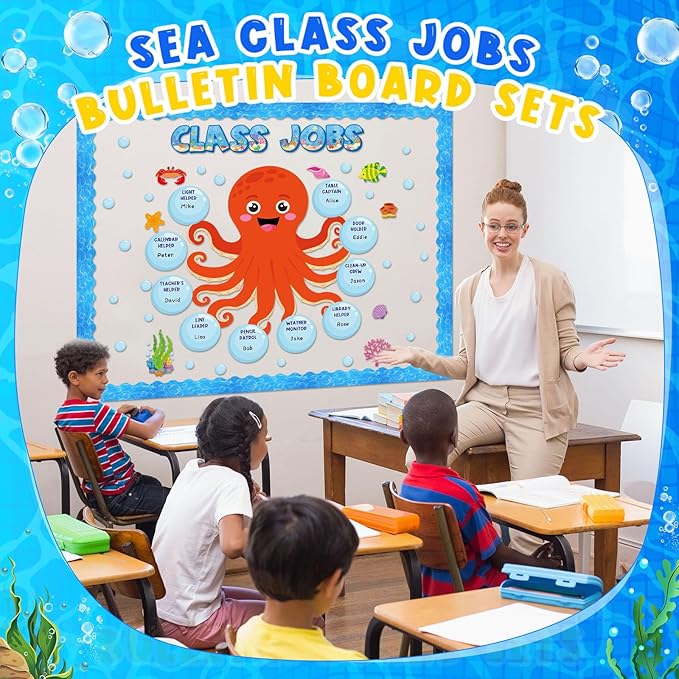 Dispowreath 69 Pcs Under the Sea Class Jobs Bulletin Board Sets Ocean Themed Classrooms Decorations Sea Animals Classroom Jobs Bulletin Board Teacher's Helper Classroom Decorations for Back to School