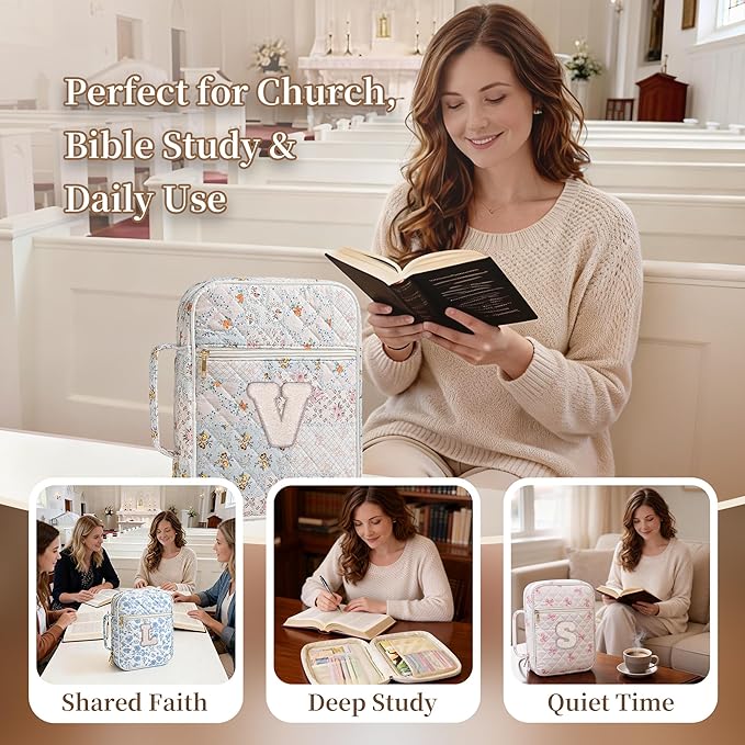 Personalized Initial Bible Cover Case for Women – Large Quilted Bible Bag with Handle, Chenille Letter, Bible Study Kit, Christian Gift for Mom, Grandma & Daughter (Patchwork Floral-V)