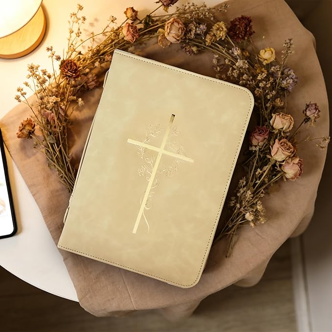 Bible Cover Case for Women, Bible Bag with Phone Pocket, PU Leather Large Carrying Book case with Minimalist Debossed Design – Christian Bible Accessories for Girls & Women (Beige)