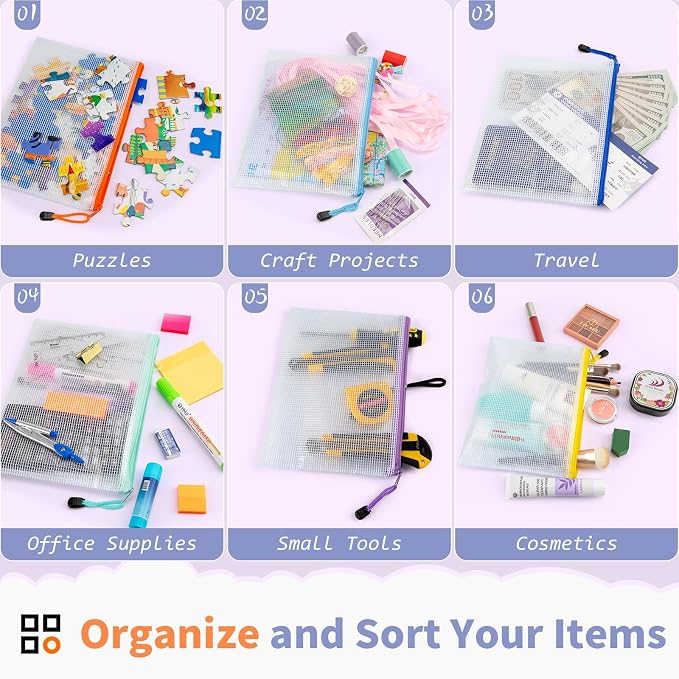 Umriox 24 Pack 12 Colors Small Zipper Pouch, 9.5" x 7.1"/A5 Size Mesh Bags with Zipper, mesh Bags for Puzzles Board Games and Office Supplies Travel Accessories