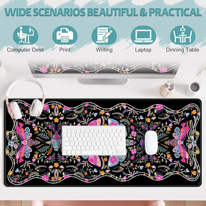 Desk Mat for Keyboard and Mouse, Large Non-Slip Mouse Pad Keyboard Pad, Computer Mats for Desktop, Cute Desk Pad with Stitched Edges for Office, Gaming I Black Colorful Folk Art