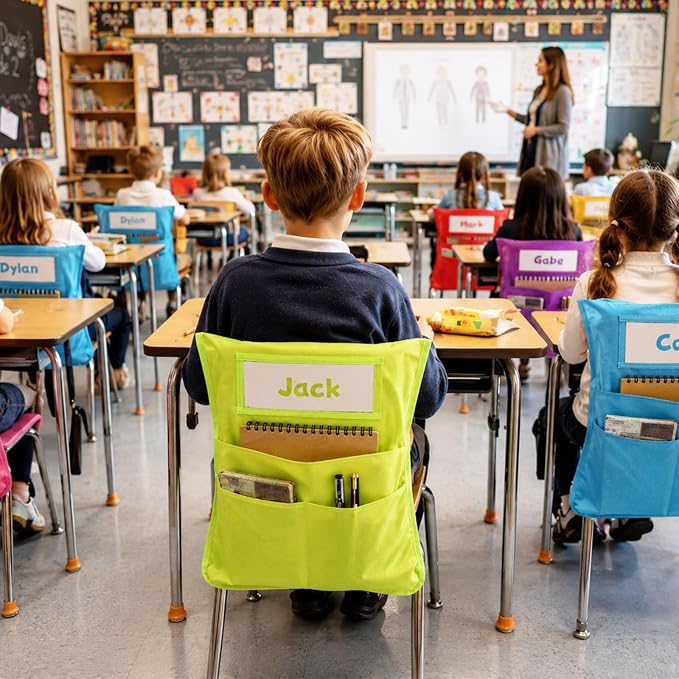 24pcs for Classroom 16.3x19.7inch Classroom Chair Pockets with Name Tag 3 Pockets Chair Organizer for Teacher Student School Office(Rainbow)