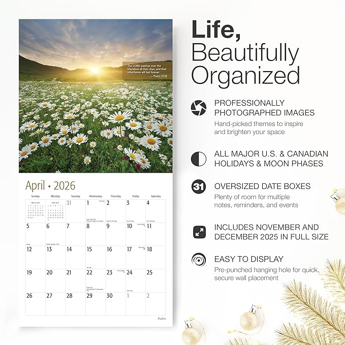 RED EMBER Select - Christian Wall Calendar 2026 | Psalms with Bible Verses | 12 Month | 12" x 24" Open | Thick & Sturdy Paper | Holiday Gift | Inspirational Religious Scripture Christian Calendar 2026