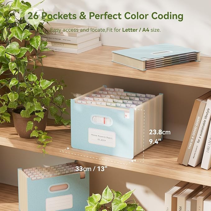 EcoStash 26 Pockets Accordion File Organizer, Wheat Straw File Folders, Upright&Open Top, A-Z Bill Receipt Organizer, 100% BPA Free, Return to Nature, Healthy Living, Letter/A4 Size - Sky Blue
