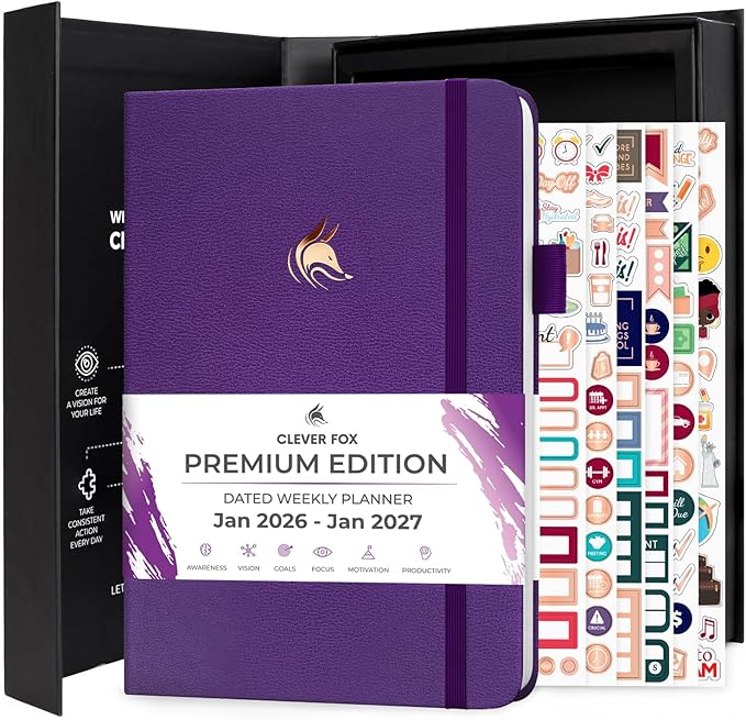 Clever Fox Dated Planner Premium 2026 – Weekly Agenda for Planning & Time Management –Notebook with Habit Tracker & To-do List (Purple)