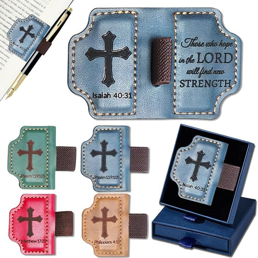 Bygone Mark Personalized Magnetic Leather Bookmark with Pen Holder,Inspirational Bible Verse Religious Bookmarks,Christian Book Lovers Reading Accessory for Men Women (Blue, lsaiah 40:31)