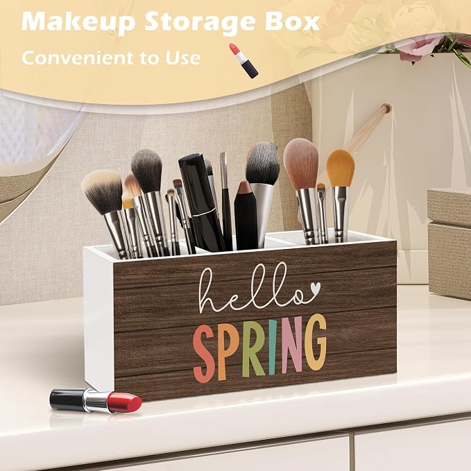 Hello Spring Decor Pen Holder Organizer, Spring Seasonal Desk Decor, Rustic Farmhouse Wooden Pen Pencil Holders for Home Room Office Garden Desk Accessories