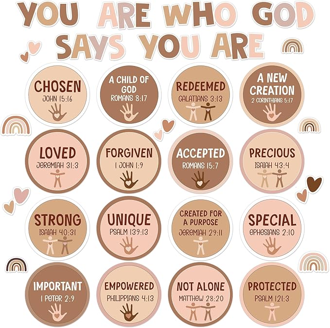 Qyeahkj Christian Bulletin Board Decoration Inspirational Diversity Bulletin Board Set Boho Rainbow God Says You Are Cutouts Motivational Religious Classroom Wall Decor for School Home Church Supplies