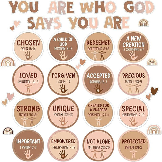Qyeahkj Christian Bulletin Board Decoration Inspirational Diversity Bulletin Board Set Boho Rainbow God Says You Are Cutouts Motivational Religious Classroom Wall Decor for School Home Church Supplies