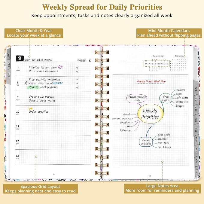 JoyCat Academic Planner 2026-2027, July 2026 - June 2027, A5 Weekly & Monthly Planner, Hardcover Agenda with Tabs, 5 Sticker Sheets, Elastic Closure & Pocket for Teachers & Students, 6.3" x 8.5", Wildflowers