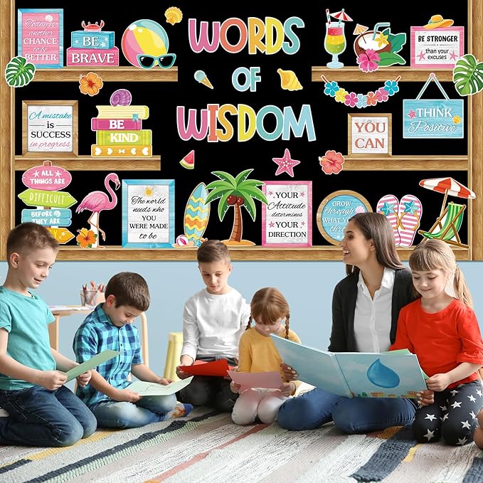 Mooliwe 57 Pcs Summer Bulletin Board Set Tropical Hawaii Inspirational Classroom Decoration Plant Surfboard Cutout for School Office Chalkboard Door Wall Decor