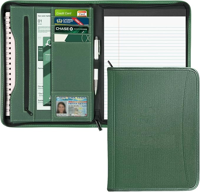 Zippered Portfolio Organizer/ A4 Refillable Lined Writing Notepad Folder Case/Fabric-Covered Padfolio Binder with Interior Storage Pocket for Men Women.Green