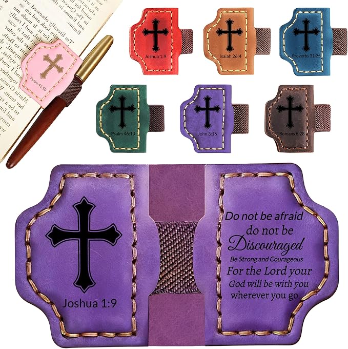 Personalized Leather Bookmark with Pen Holder - Magnetic Bible Verse Design, Christian Book Lovers Reading Accessory, for Book Lovers Men Women (Purple, Joshua 1:9)