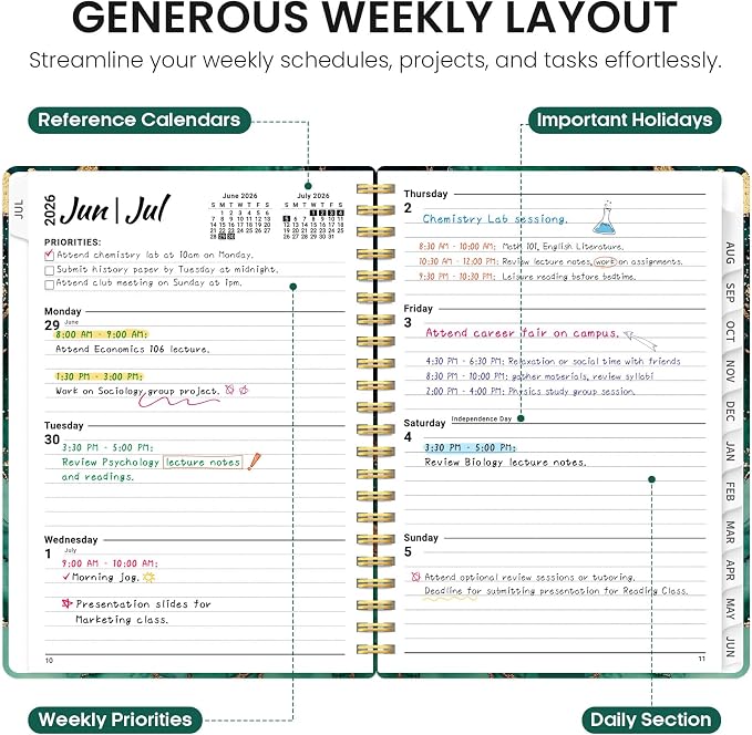 Planner 2026–2027, Academic Year Monthly & Weekly Calendar Book, Jul 2026–Jun 2027, Hardcover Organizer with Tabs, Student & Teacher Planner, 6.3" x 8.5", Emerald Drift