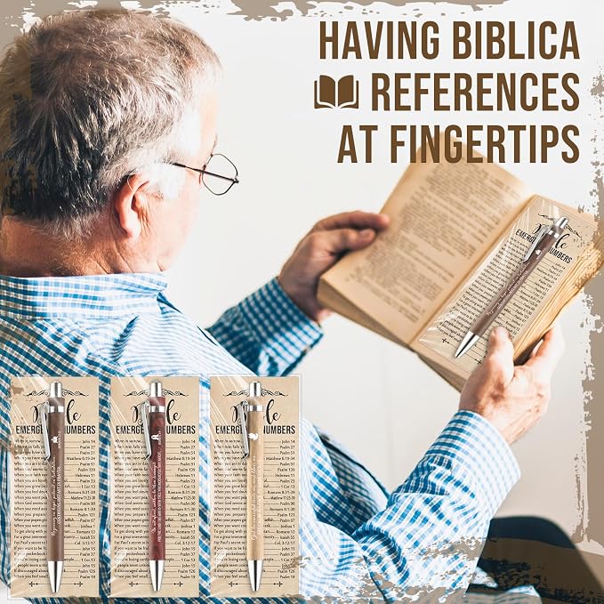 Feifeiya 25 Sets Christian Fathers Day Pens Bulk Bible Verse Religious Ballpoint Bamboo Pens with Bible Verse Emergency Numbers Bookmarks Church Gifts for Women Men Pastor Godfather Teacher (English)