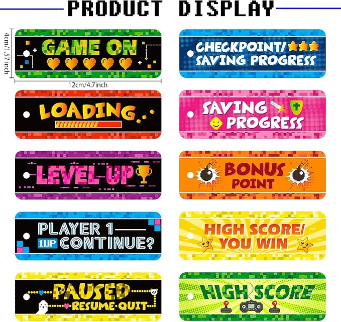 Outus 50 Video Game Bookmarks for Gamer Birthday Party, Pixelated Bookmarks for Pixelated Treat Bag Video Game Party Decoration Paper Tag Card Classroom Awards Teacher