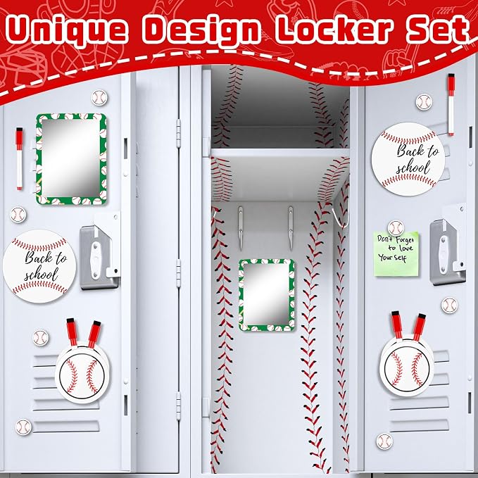 Demonwer 12 Pcs Locker Accessories Kit Baseball Themed Magnetic Whiteboard Mirror Pen Holder Baseball Stickers for Back to School Essentials Locker Decorations