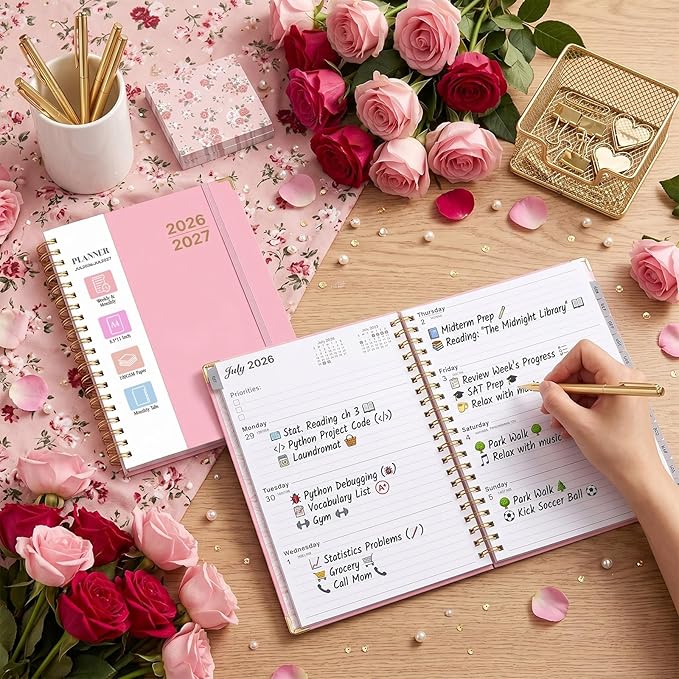 Planner 2026-2027, Weekly and Monthly Academic Planner, Jul 2026 - Jul 2027, 8.5"x11" Large Hardcover Daily Planner Calendar with Tabs for Women, Year Planning Agenda for Teacher and Student (Pink)