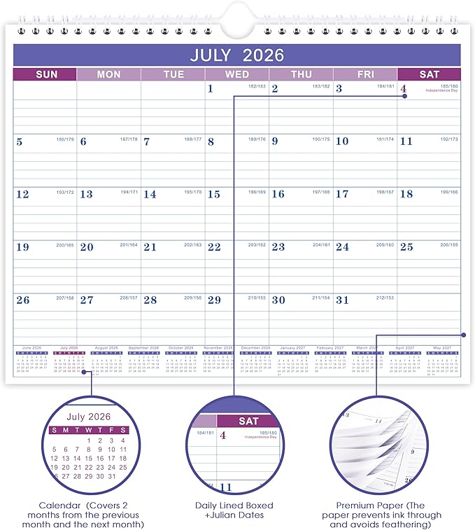 Wall Calendar 2026-2027 - Calendar 2026-2027, Jul. 2026 - Dec. 2027, 11" x 8.5", 18 Monthly Calendar 26-27, Hanging Hook + Ruled Blocks - Purple