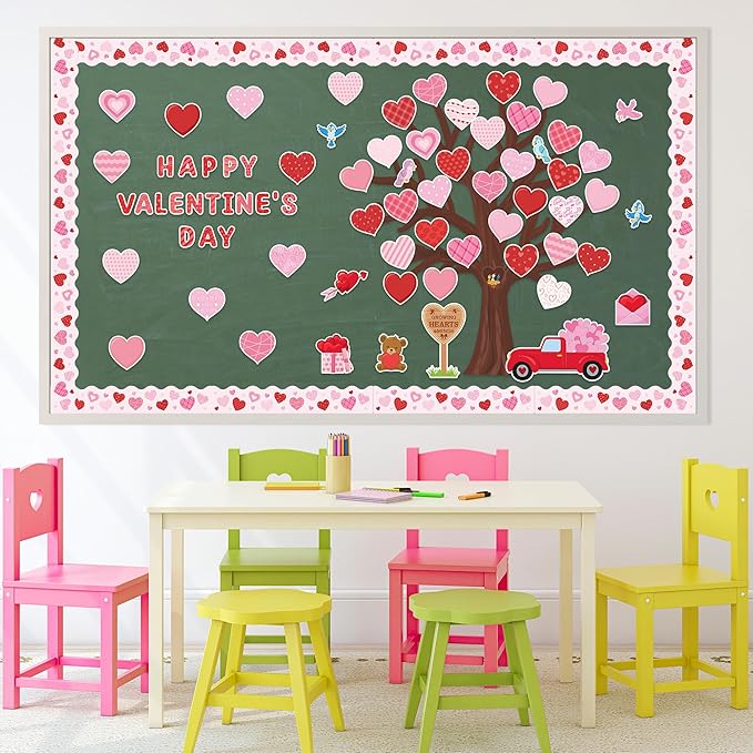 136Pcs Valentine’s Day Tree Bulletin Board Classroom Decoration Set Heart Bulletin Board Name Tags Hearts Tree Cutouts Chalkboard Wall Decor for Elementary School Home Valentines Supplies