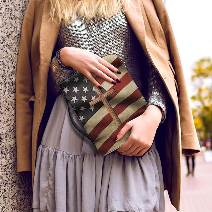 Cross American Flag Bible Covers for Women Easy to Store Bible Organizer Bag for Man with Zipper and Handle Case Large Size Bible Protector