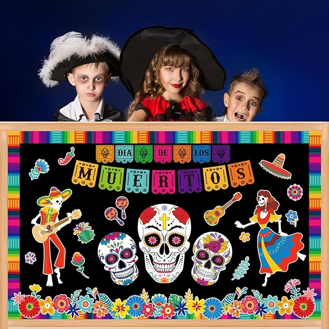 Dia De Los Muertos Bulletin Board Decorations Day of The Dead Altars Decor Colorful Sugar Skull Paper Cutouts Mexican Fiesta Party Supplies for Mexican Home School Halloween Holiday Wall Decor