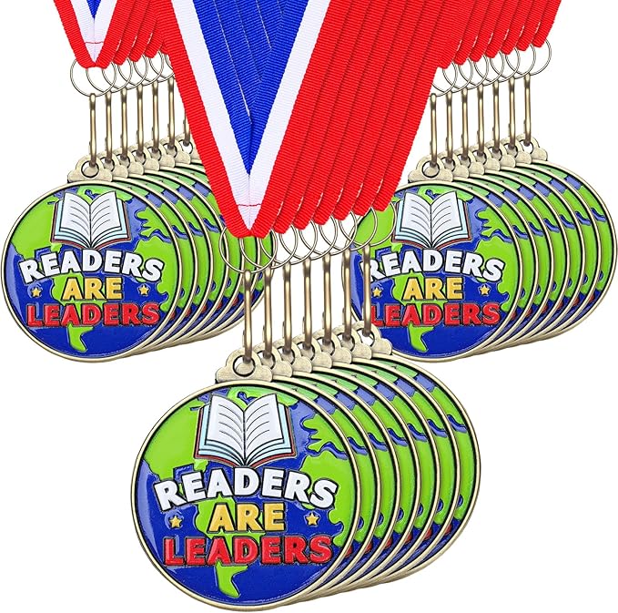 Cunno 20 Pcs Readers are Leaders Medals Bulk 2'' Reading Award Medals with Neck Ribbon Trophy Prizes Winner Gift for School Classroom Students Teaching Competitions Supplies