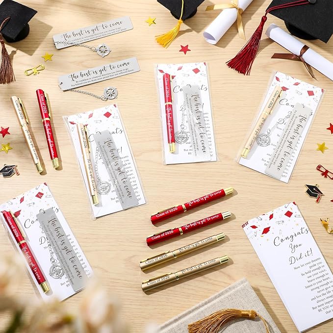 Affrolling 12 Sets Class of 2026 Graduation Gifts Bulk – Graduation Pens, Compass Bookmarks, Cards & Clear Gift Bags, Inspirational Party Favors for Students & Teachers(Red,Gold)