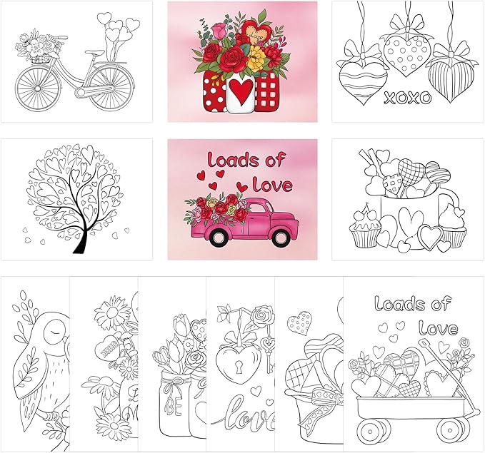 COCHIE 36PCS 8x10 Inches Valentine's Day Coloring Pages for Kids, Bulk Color Your Own Valentine Paper Crafts Classroom Activities Party Favors, Small Coloring Sheets Valentines Gifts