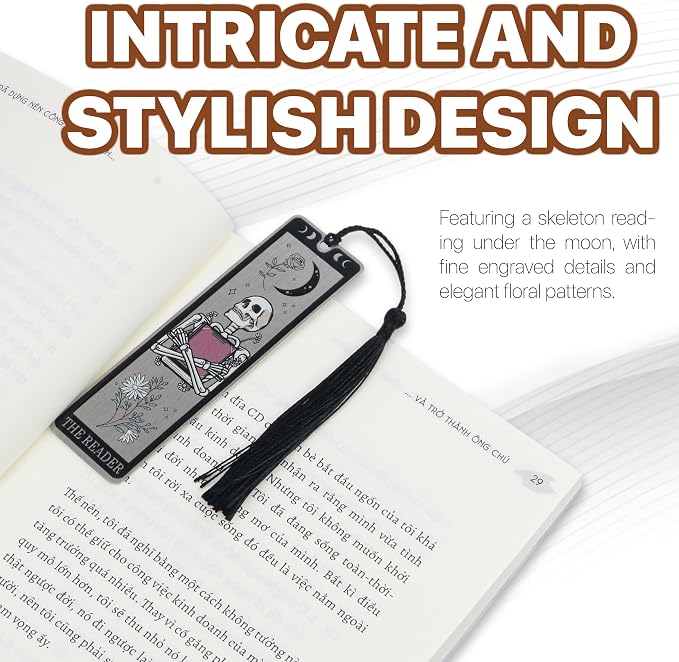 Skeleton Tarot Metal Bookmark with Tassels – Funny Gothic Horror Bookmarks, Unique Skull Tarot Card Bookmark for Book Lovers – Perfect Gift for Women, Men, Teens on Christmas (Transparent)