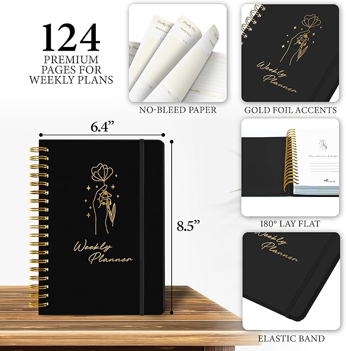 Undated Weekly Planner – Minimalist Notebook for Work, Home & Daily Writing | Simple Matte Planner for Goals, Appointments, Notes & Productivity, Elegant Cardstock Pages, Black