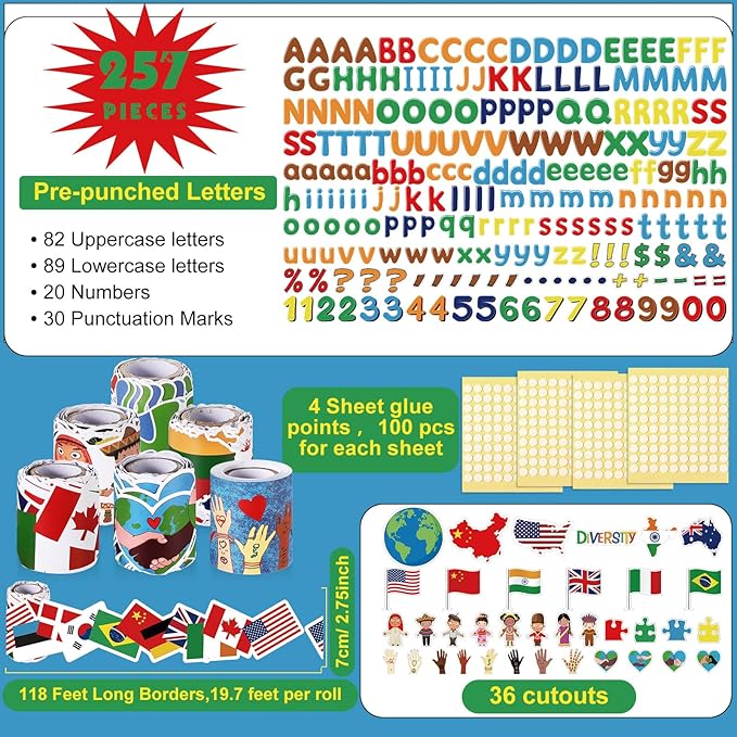 Kosiz Diversity Bulletin Board Decoration Set 118 ft Scalloped Bulletin Board Borders Classroom Poster Border Trim with 257 Pcs Letter Number Symbol Cutout for School Decor