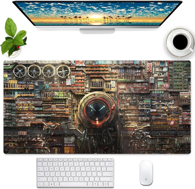 Futuristic Fantasy Mouse Pad, Cyberpunk Style Desk Mat, Extended XL Gaming Mouse Pads, Sci-Fi Computer Pad with Durable Stitched Edges, Non-Slip Washable Office Desktop Decorative Pad 31.5X15.7 Inch