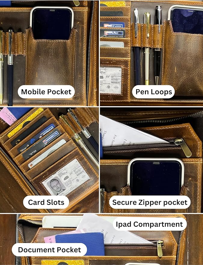 Leather Portfolio for Men - Full Grain Leather Padfolio Folder - Zipper Folio Documents Organizer - Professional Business Executive Gift for Men Women