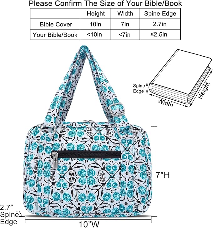 Bible Cover for Women with Adjustable Straps, Large Study Bible Carrying Case Bag with Zip Pocket, 10x7x2.7 Inches