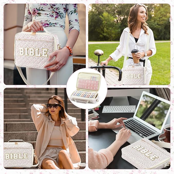 Sinload Quilted Bible Cover Case for Women 12 x 9 x 2.5 Inch Bible Chenille Letter Bag with Shoulder Strap Carrying Tabs 6 Colored Pens 12 Highlighters Christian Church Study Gifts(Pink,Floral,)