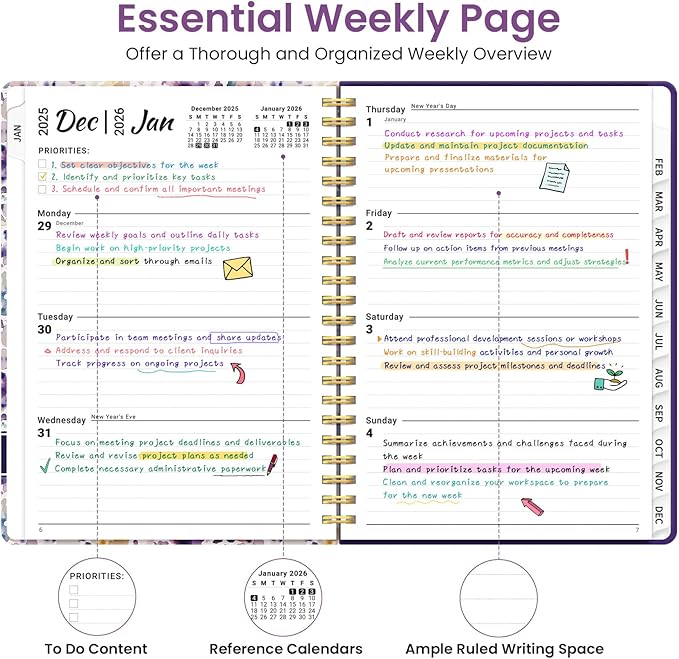 2026 Planner, Weekly and Monthly Planner for Women, Jan 2026 - Dec 2026 Pretty 2026 Calendar Planner with Monthly Tabs, Inner Pocket, Spiral Binding, Perfect for Office Home School - 6.3" x 8.5", Purple Blocks