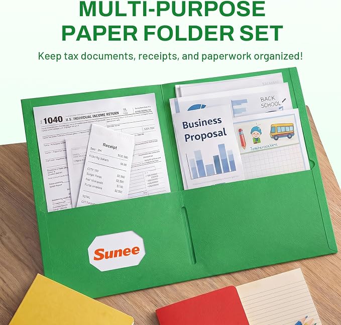 SUNEE Two Pocket Folders, 50 Pack File Folders with Business Card Slot, Textured Paper, Fit Letter Size Paper, Paper File Folder for School Office Home Business, Green