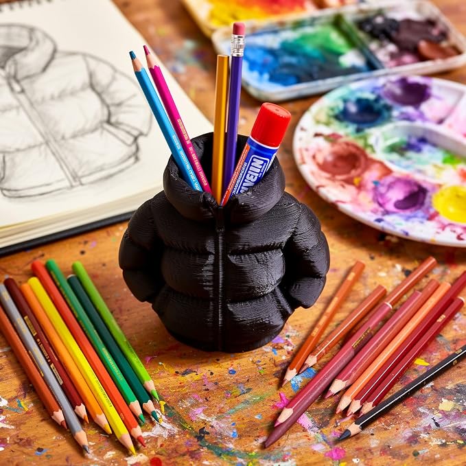 YOKUSHI Down Jacket Pen Holder, 3D Printed Funny Puffer Jacket Pencil Holder, Creative Desk Organizer for Office Supplies, Cute Unique Stationery Holder for Desk, Quirky Gift for Women Men (Black)