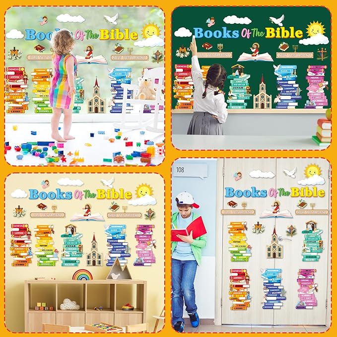 gisgfim Books of The Bible Bulletin Board Decorations Set Back to School Classroom Religious Paper Cutouts Colorful Christian Jesus Bulletin Board Decor for Sunday School Nursery VBS Chalkboard Wall
