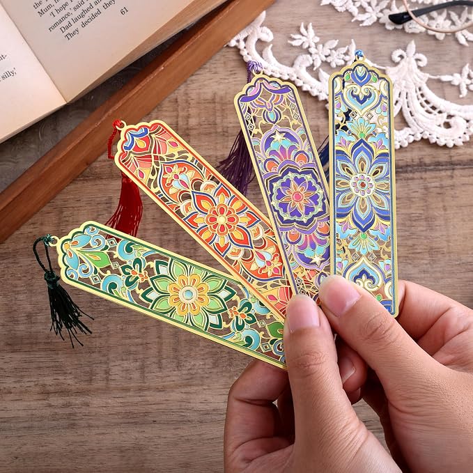 4 PCS Metal Bookmarks with Tassel, Golden Hollow Flower Bookmark Vintage Floral Mandala Theme Book Mark for Women Girls Book Lovers Writers Readers Teens Men