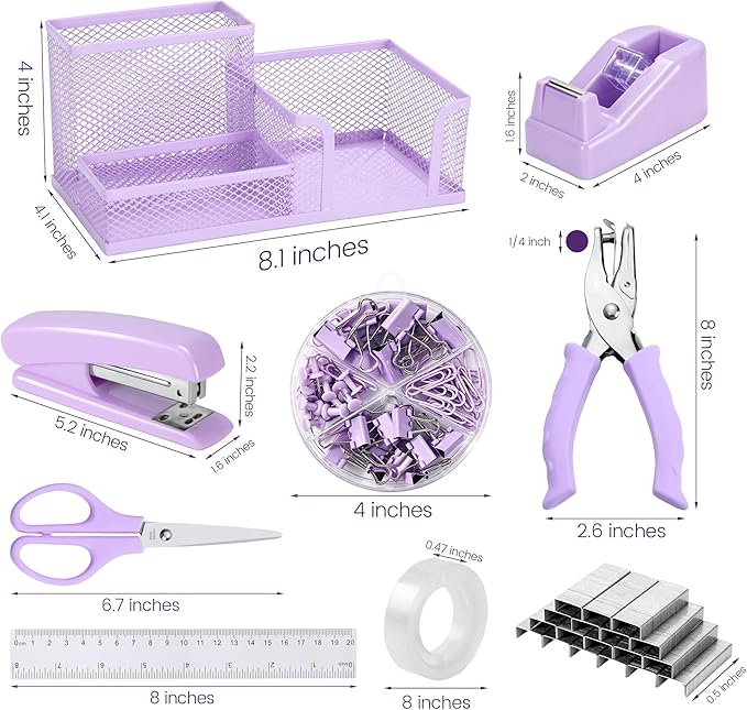 Purple Office Desk Accessories, 9 Pcs Desk Organizers and Accessories with Mesh Pen Holder, Stapler, Tape Dispenser, Hole Punch, Office Supplies Set for Office Home School Women Students Gift